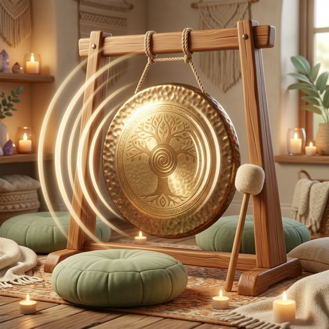Goong (gong) chiêng phục hồi vàng với sóng âm thanh lan toả trong không gian healing - minh hoạ 3D