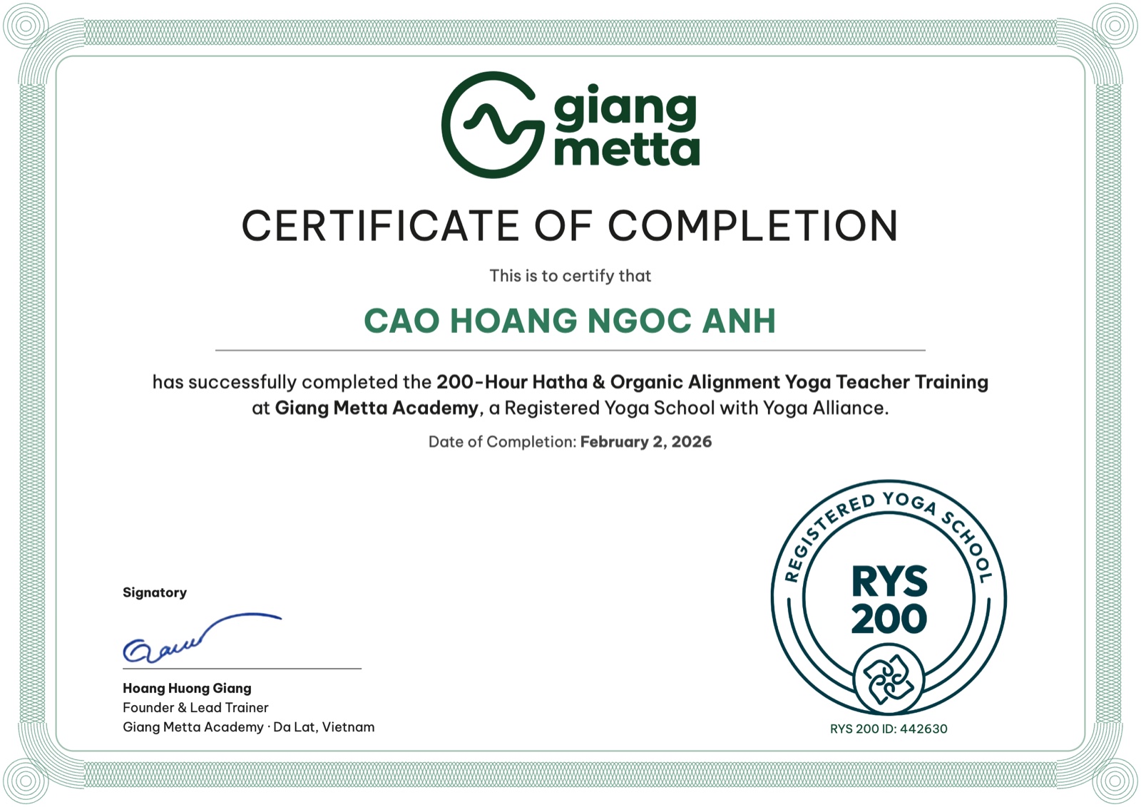 Mẫu Bằng Đào Tạo Giáo Viên Yoga 200H Hatha & Định Tuyến Hữu Cơ — Giang Metta Academy, Yoga Alliance RYS 200