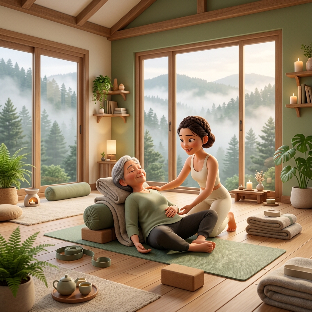 Không gian yoga phục hồi tại studio Giang Metta Đà Lạt, giáo viên hướng dẫn cá nhân hóa với bolster và props
